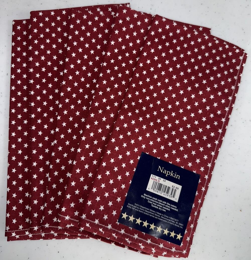 Kohl's Patriotic Cloth Napkins Lot of 5 Red White Stars Cotton NWT